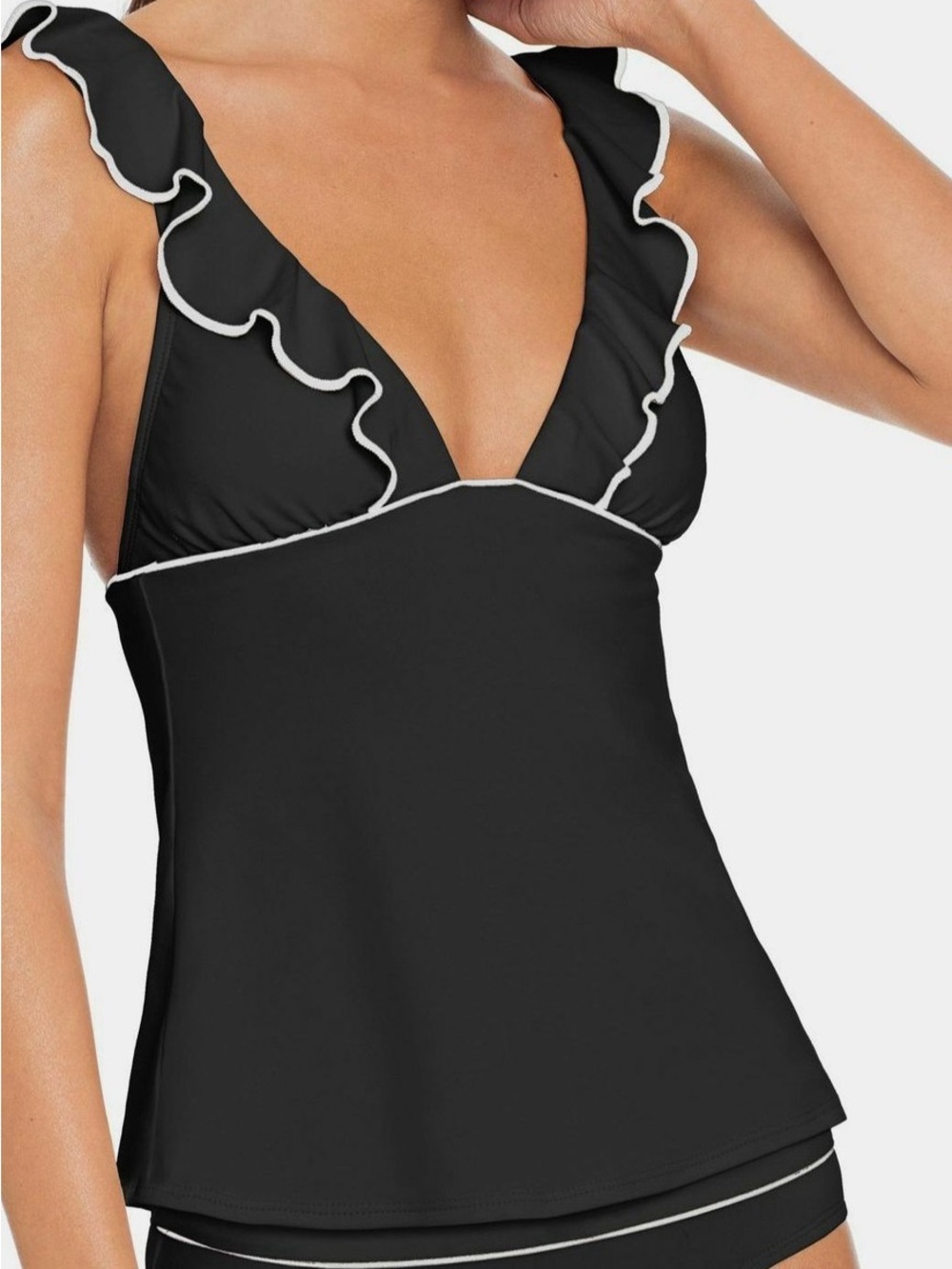 Robin Piccone Women's M/L Black Malia Ruffled Plunge Tankini & Bottoms